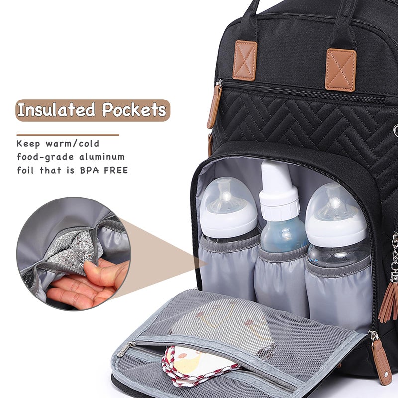 iniuniu Diaper Bag Backpack, 4 in 1 kit Large Unisex Baby Boys Girls Waterproof Travel Back Pack with Diaper Pouch, Washable Changing Pad, Pacifier Case and Stroller Straps, Black - Image 2